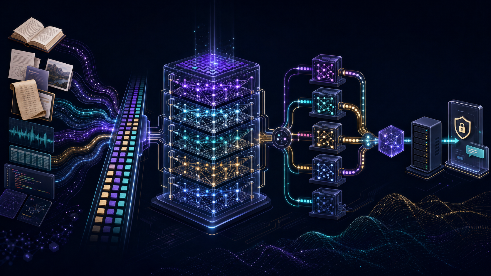 An end-to-end LLM lifecycle: source documents become token streams, pass through Transformer layers and routed experts, then become a checkpoint served inside a guarded application.