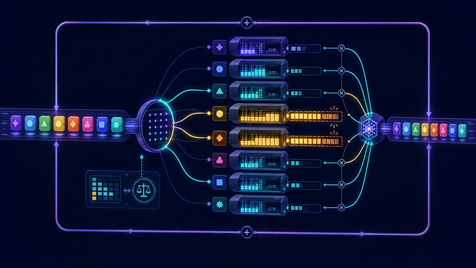 Colored token tiles pass through a router, take two of eight expert paths with capacity limits, recombine in original order, and rejoin a residual stream.